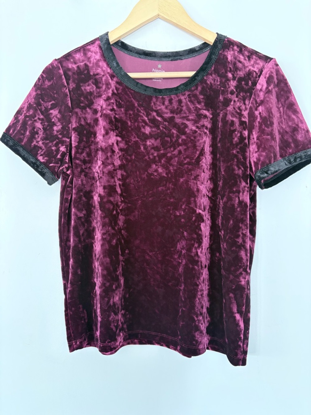 HIPPIE LAUNDRY M Crushed Velvet SS Ringer Style Top Burgundy Retro Dark Goth Y2K